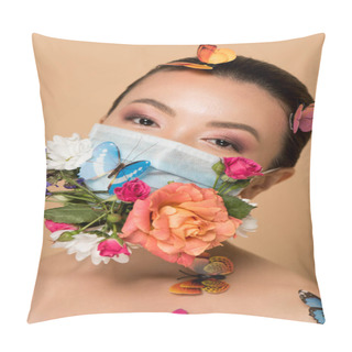 Personality  Attractive Asian Woman In Latex Gloves And Floral Face Mask With Butterflies On Beige Pillow Covers
