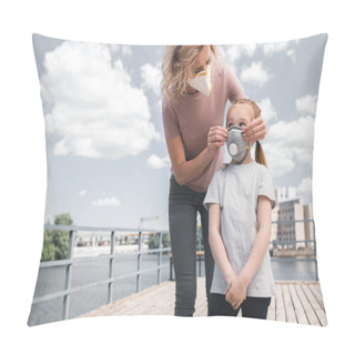 Personality  Mother And Daughter In Protective Masks On Bridge, Air Pollution Concept Pillow Covers