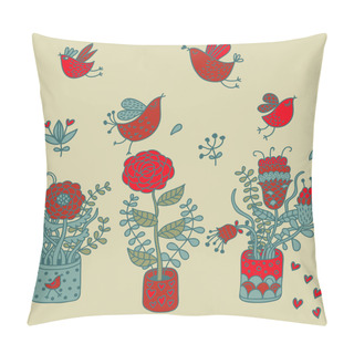 Personality  Colorful Flowers In Pots And Cartoon Flying Birds Pillow Covers