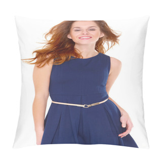 Personality Cute Young Woman In Navy Blue Dress On White Pillow Covers