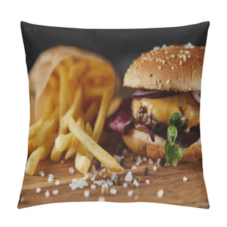 Personality  Selective Focus Of Salt, French Fries And Delicious Burger With Meat On Wooden Surface Pillow Covers