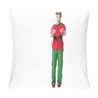 Personality  Smiling Man In Christmas Elf Costume With Outstretched Hands Gesture Isolated On White Pillow Covers