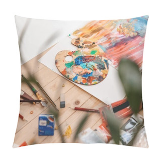 Personality  Selective Focus Of Palette With Paints And Art Tools On Table Pillow Covers
