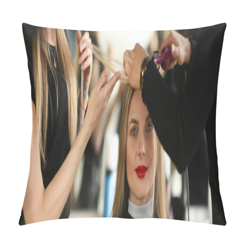 Personality  Beautiful Woman Getting Hairstyle in Beauty Salon pillow covers