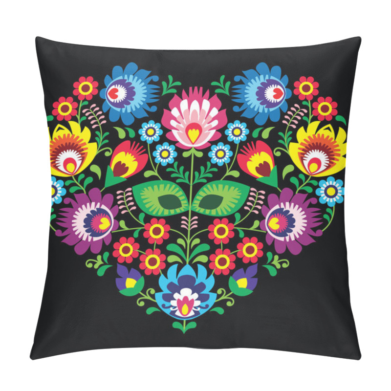 Personality  Polish, Slavic folk art art heart with flowers on black - wzory lowickie, wycinanka pillow covers