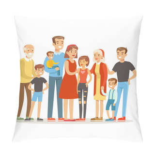 Personality  Happy Big Caucasian Family With Many Children Portrait With All The Kids And Babies And Tired Parents Colorful Illustration Pillow Covers