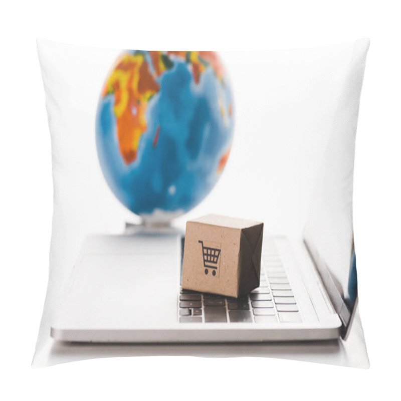 Personality  Selective Focus Of Toy Box On Laptop Keyboard Near Globe Isolated On White, E-commerce Concept Pillow Covers