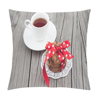 Personality  Chocolate Chip Cookies On A White Plate With Cup Of Tea Pillow Covers