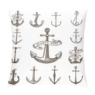 Personality  Anchor Engraved Vintage In Old Hand Drawn Or Tattoo Style, Drawing For Marine, Aquatic Or Nautical Theme, Wood Cut, Blue Logo Pillow Covers