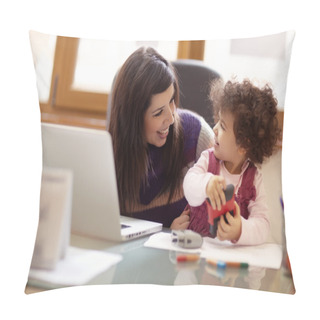 Personality  Multitasking Mother With Her Daughter Pillow Covers