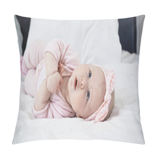 Personality  Infant Baby Girl Lying On Bed While Looking Up Pillow Covers