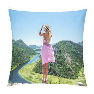 Personality  Back View Of Woman In Pink Dress Standing On Stone Of Viewpoint Near Crnojevica River In Montenegro Pillow Covers