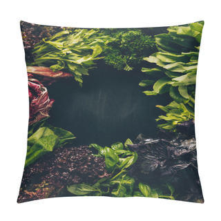 Personality  Top View Of Different Leafy Vegetables And Herbs On Grey Dark Table Pillow Covers