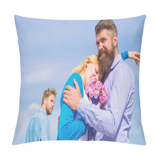 Personality  Couple With Bouquet Romantic Date. Ex Husband Jealous On Background. Couple In Love Dating Outdoor Sunny Day, Sky Background. Leave Past Behind. Ex Partner Watching Girl Starts Happy Love Relations Pillow Covers