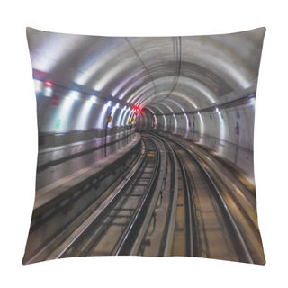 Personality  Riding The Train In Subway Metro Underground Tube Tunnel Illuminated Railroad Track With Motion Blur Effect Pillow Covers