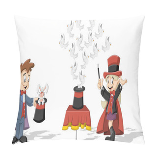 Personality  Magician Kids Holding Magic Wands Performing Tricks With Animals Pillow Covers