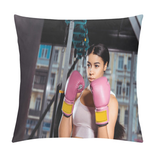Personality  Attractive Strong Girl In Protective Gloves Practicing Boxing In Gym  Pillow Covers