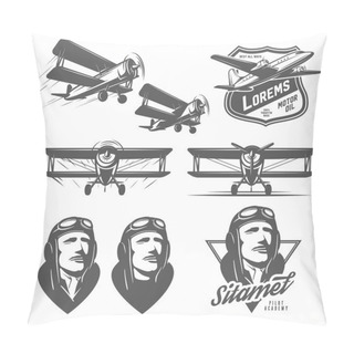 Personality  Set Of Vintage Aircraft Design Elements. Biplanes, Pilots, Design Emblems Pillow Covers