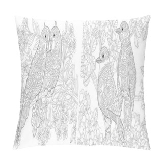 Personality  Coloring Book. Couple Of Lovely Birds In Floral Garden. Line Art Design For Adult Or Kids Colouring Page In Zentangle Style. Vector Illustration.  Pillow Covers