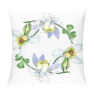 Personality  White Aquilegia Flowers. Frame Border Ornament Wreath. Watercolor Background Illustration. Beautiful Aquilegia Flowers Drawing In Aquarelle Style. Pillow Covers