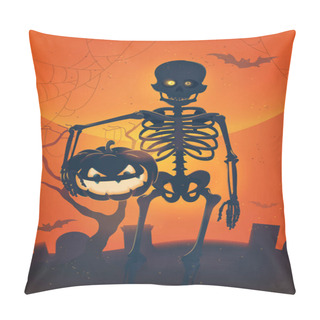 Personality  Cool Vector Halloween Background With Spooky Skeleton Character Holding Lit Up Pumpkin Lantern. Scary Background. Ideal For Halloween Themed Posters, Flyers, Banners And Cards Pillow Covers