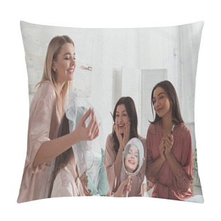 Personality  Multiethnic Women Admiring Beautiful Bride At Bachelorette Party In Room Pillow Covers