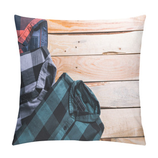 Personality  Shirts Plaid In Plan With Wooden Background Pillow Covers