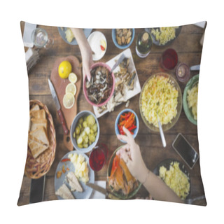 Personality  Background Blur. Background Blurred Image Of Dinner Table With Different Food. Easter, Christmas, Birthday, Thanksgiving. Joint Toast And Blow With A Glass Of Salute In Honor Of The Holiday. Top View Pillow Covers