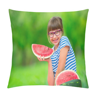 Personality  Child Eating Watermelon. Kids Eat Fruits In The Garden. Pre Teen Girl In The Garden Holding A Slice Of Water Melon. Happy Girl Kid Eating Watermelon. Girl Kid With Gasses And Teeth Braces Pillow Covers