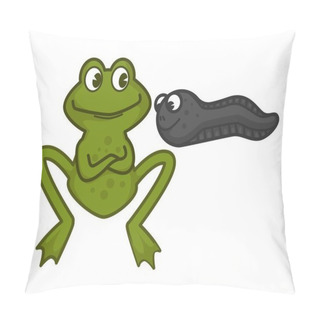Personality  Mother Green Frog And Funny Baby Tadpole With Big Eyes. Amphibious Animal With Smooth Skin. Wildlife Creatures Parent And Child Isolated Cartoon Flat Vector Illustration On White Background. Pillow Covers
