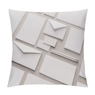 Personality  Flat Lay With White Pencils, Envelopes, Empty Cards And Sheets Of Paper  Pillow Covers