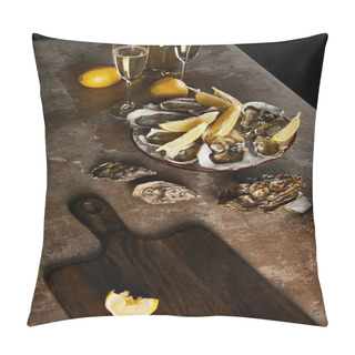 Personality  Champagne Glasses With Sparkling Wine Near Bottle, Oysters And Lemons In Bowl  Pillow Covers