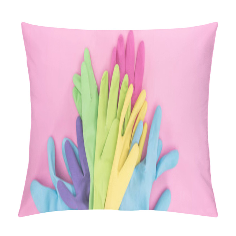 Personality  Panoramic Shot Of Multicolored Rubber Gloves In Pile On Pink Background Pillow Covers