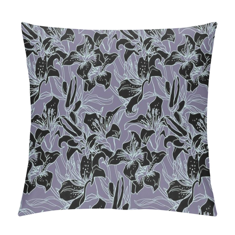 Personality  Dark Colored Flower, Buds and Leaves of Lily Flowers Seamless Pattern. pillow covers