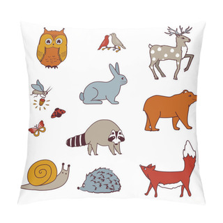 Personality  Forest Animals Set With Bear, Owl, Birds, Deer, Hare, Raccoon, Snail, Fox, And Firefly. Isolated Cartoon Vector Collection Pillow Covers