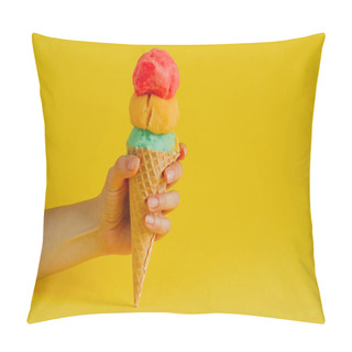 Personality  Female Hand Holding Waffle Cone Ice Cream Isolated On A Vibrant Yellow Background, Copy Space Pillow Covers