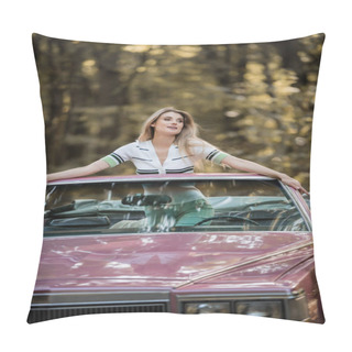 Personality  Stylish Woman Looking Away While Standing In Vintage Cabriolet Pillow Covers