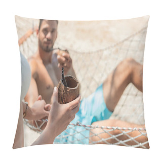 Personality  Girl With Coconut Cocktail Holding Hands With Her Boyfriend On Hammock, Selective Focus Pillow Covers