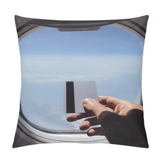 Personality  Cropped View Of Man Holding Credit Card Near Porthole Of Airplane  Pillow Covers