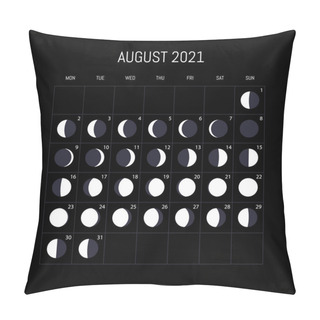Personality  Moon Phases Calendar For 2021 Year. August. Night Background Design. Vector Illustration Pillow Covers