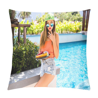 Personality   Young Woman With Exotic Fruits  By Pool  Pillow Covers