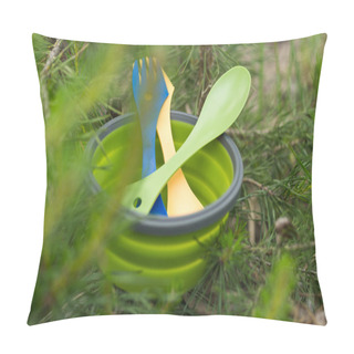 Personality  Tourist Tableware Among Spruce. Fir Branches. Green Composition. Front View On A Plate. Pillow Covers