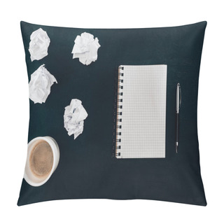 Personality  Top View Of Blank Notebook With Messy Crumpled Papers And Cup Of Coffee Isolated On Black Pillow Covers