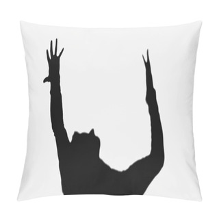 Personality  Shadow Of Man Showing Rejoice Gesture With Raised Hands Isolated On White Pillow Covers