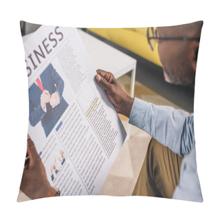 Personality  Cropped Shot Of Senior African American Man In Eyeglasses Reading Business Newspaper Pillow Covers