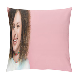 Personality  Young Woman Winking And Smiling At Camera Isolated On Pink, Banner  Pillow Covers