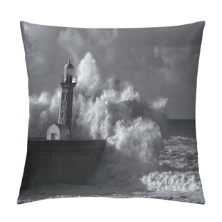Personality  Infrared Stormy Waves Over Old Lighthouse Pillow Covers