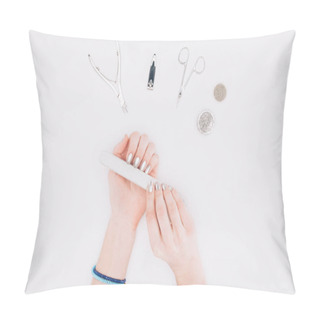 Personality  Cropped Image Of Woman Filing Nails With Nail File Isolated On White Pillow Covers