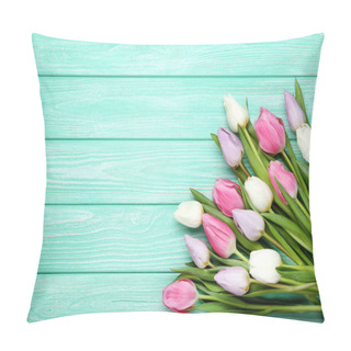 Personality  Bouquet Of Tulips On Mint Wooden Table Pillow Covers