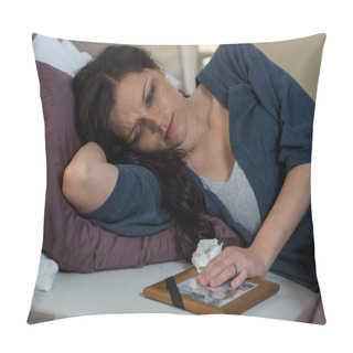 Personality  Sad Woman Looking At Dead Husband's Photo Pillow Covers